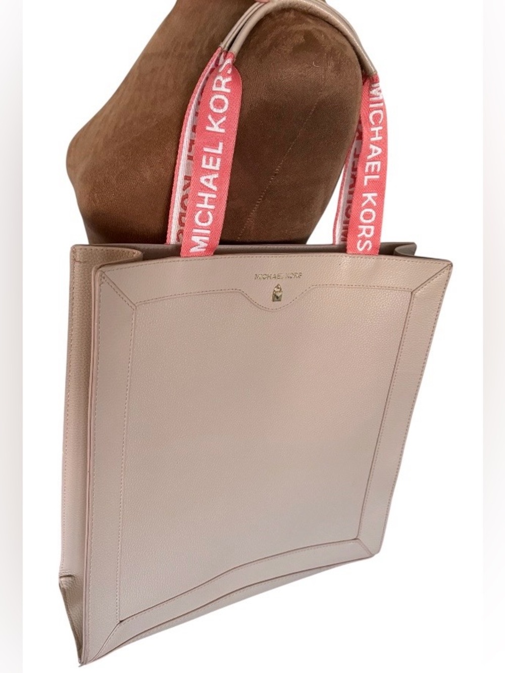 Michael Kors Blush Pink Taupe Open Tote Bag Logo Strap Shopper Travel Work